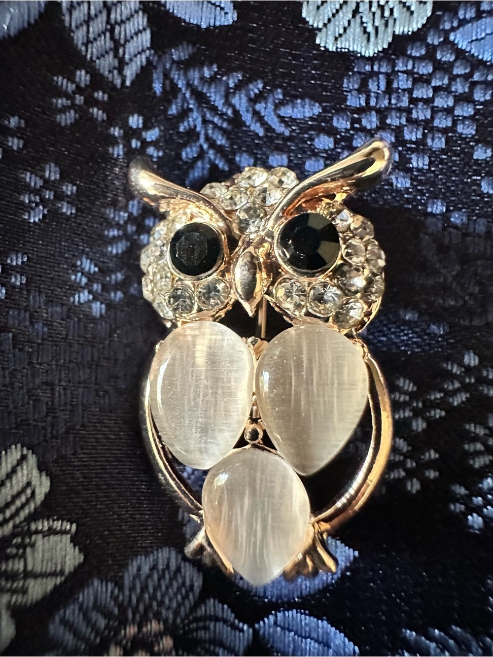 Gold Owl Brooch Pin with Clear and Black Stones